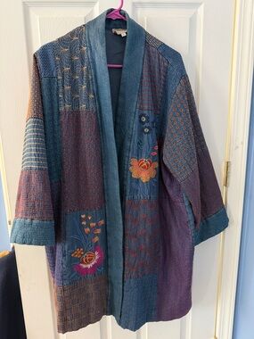 Johnny Was workshop Patchwork Embroider Kimono Jacket in Blue, Purple, Teal, XL